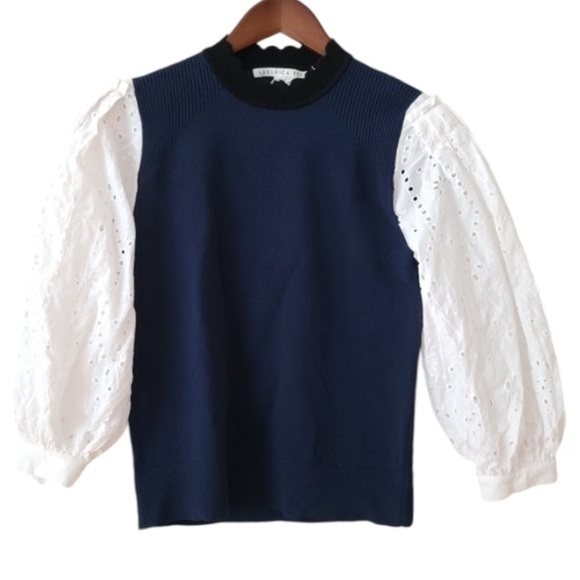 Veronica Beard Women's Roy Mixed Media Pullover Knit Sweater Navy White Size XS - Picture 5 of 13